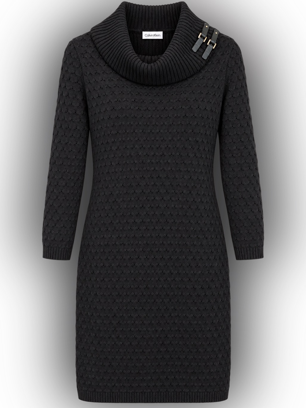 Calvin Klein Black Textured Cowl Neck Buckle Sweater Dress